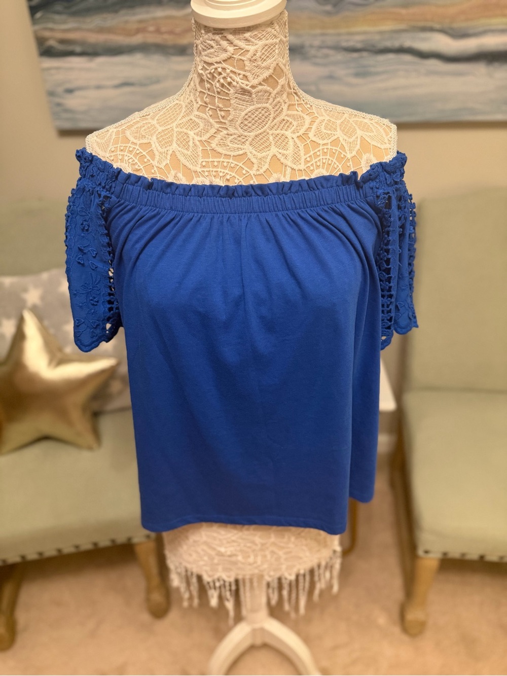 Lilly Pulitzer Off-Shoulder Royal Blue Lace-Sleeve Women's Top